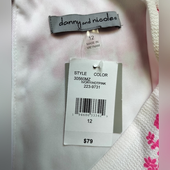 Danny and Nicole Ivory hot pink floral stripe textured faux-wrap dress size 12 - Picture 16 of 16